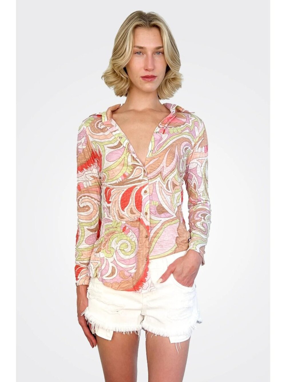 David Cline Shirt XL Crushed Snap Front Pastel Paisley Crinkle Y2K Art To Wear